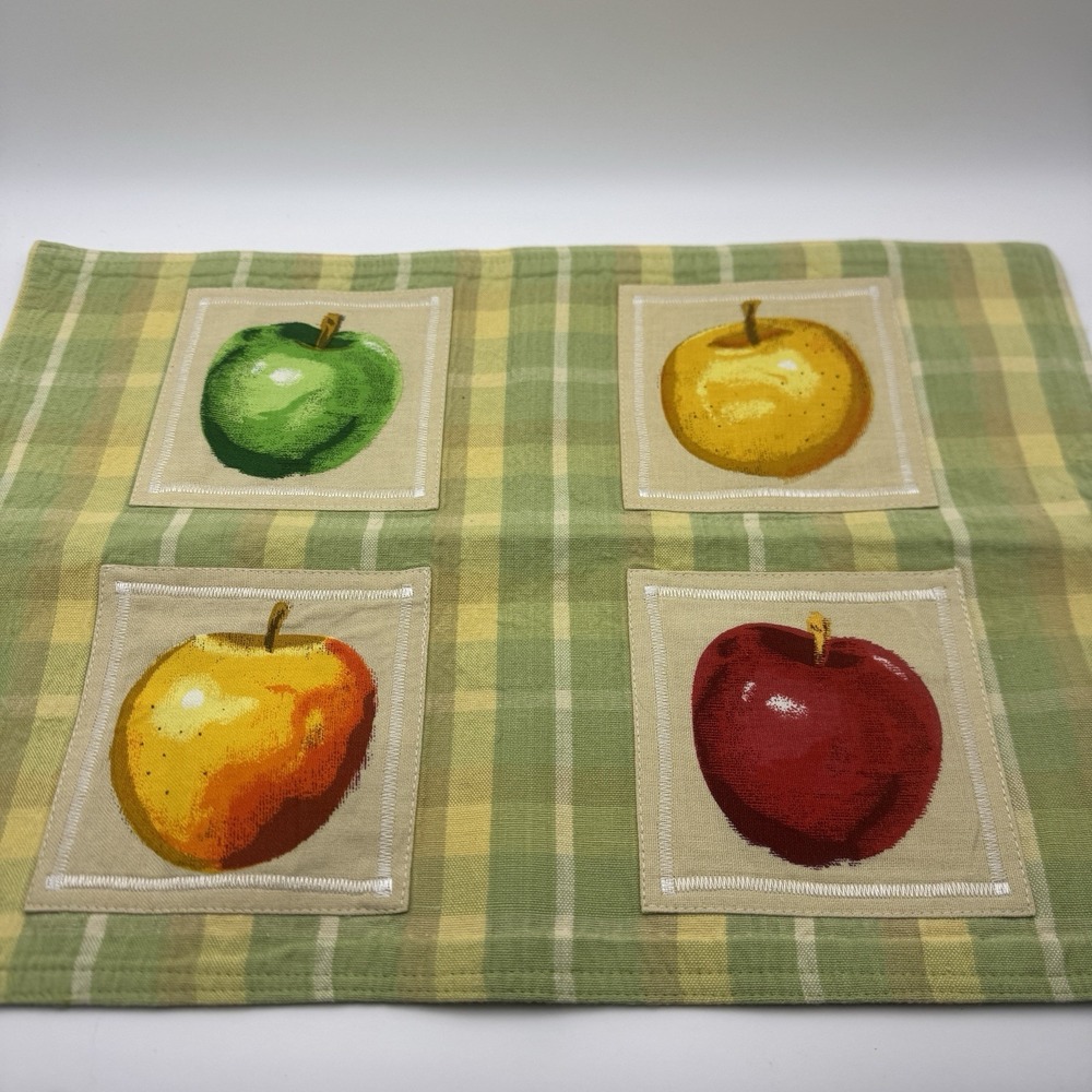Set Of 2 Green Plaid Napkins With Red Yellow Orange Apple Appliqué Patch